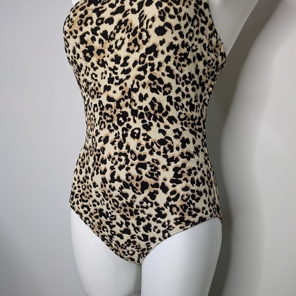 Ibiza black tan cheetah leopard print one shoulder one piece swimsuit L - Picture 3 of 11